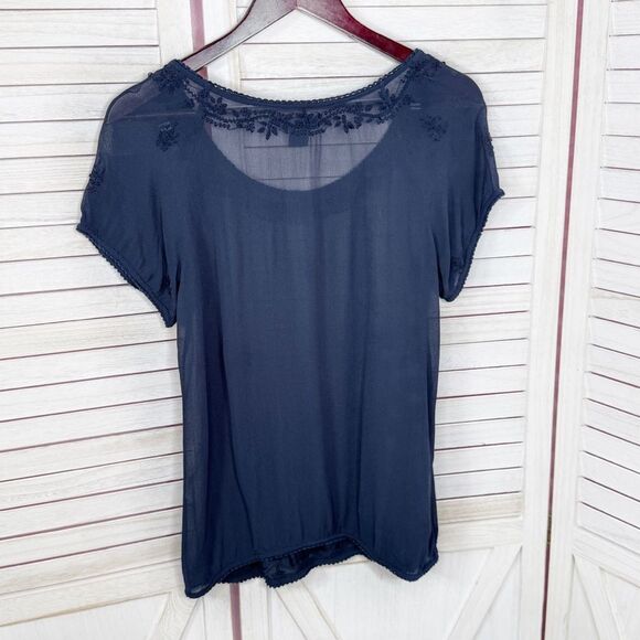 Lucky Brand Embroidered Sheer Chiffon Tee Shirt Navy Blue XS - Picture 8 of 11
